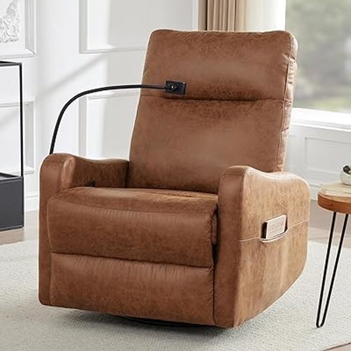 Oversized Leather Recliner Chair with Phone Holder, Swivel Rocking Chair Reclining, Ergonomic Lazy Boy Recliner Chair with Lumbar Support, Manual Glider Sofa Chair for Living Room, RV, Brown