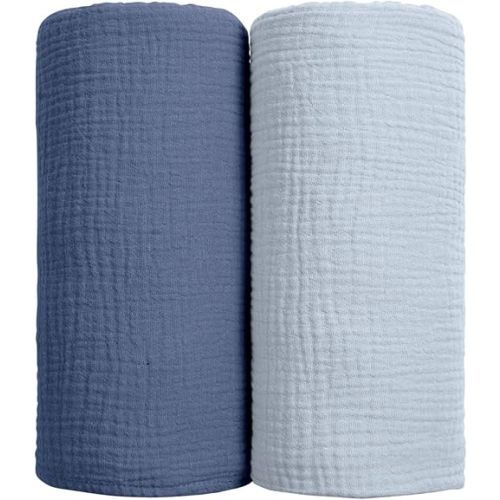 lulumoon Muslin Swaddle Blanket Baby - Cotton Swaddling Blanket Soft Baby Receiving Blanket Neutral 2Pack(Navy)