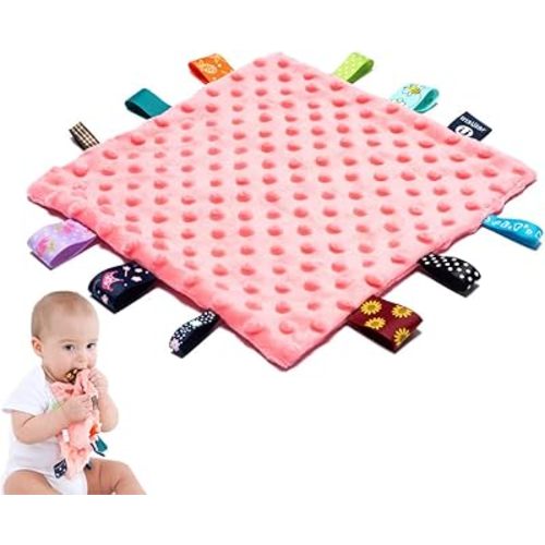 Baby Tags Security Blankets - Baby Soothing Plush Blanket with Colorful Tags, 10"x10" Square Sensory Toys, for 3 Months+ Babies Boys and Girls (Pink)