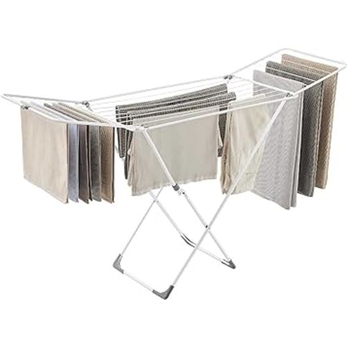 SONGMICS Clothes Drying Rack, Metal Laundry Drying Rack, Foldable, Space-Saving, Free-Standing Airer, with Gullwings, Indoor Outdoor Use, Bed Linen Clothing, White ULLR540W01