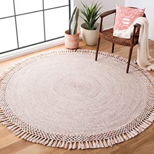 SAFAVIEH Sahara Collection Area Rug - 6' Round, Pink, Handmade Boho Tassel, Ideal for High Traffic Areas in Living Room, Bedroom (SAH490U)