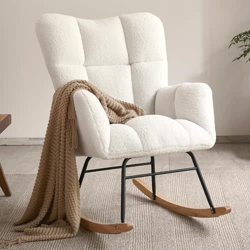 Ljirnt Nursery Rocking Chair, Teddy Fabric Upholstered Glider Rocker with High Backrest, Modern Rocking Accent Chairs Comfy Side Chair for Nursery, Bedroom, Living Room (Ivory)
