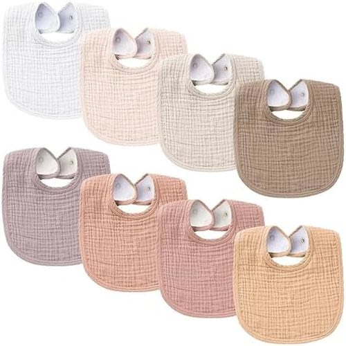 Konssy 8-Pack Muslin Baby Bibs, Adjustable Fit for Drooling and Teething