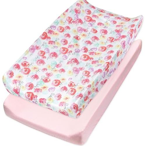 HonestBaby Organic Cotton Changing Pad Covers (Set of Two), Rose Blossom/Pink, One Size