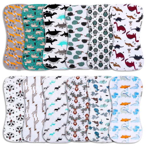 Benoxine Baby Bibs and Burp Cloths Set 12 Pack, 3-Layer Cotton, Large 8.66x18.5 Inches Soft Absorbent