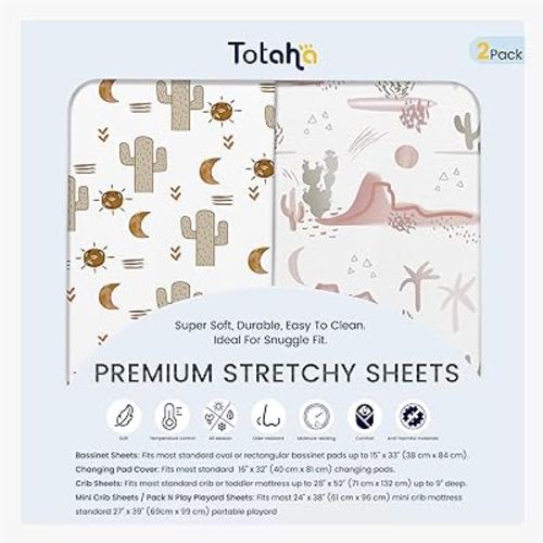 TotAha Cactus Pack N Play Sheets, Premium Stretch Fitted Portable Mini Cribs Playards Sheets, Ultra Soft Breathable Jersey Knit Mini Crib Sheet, 2 Pack