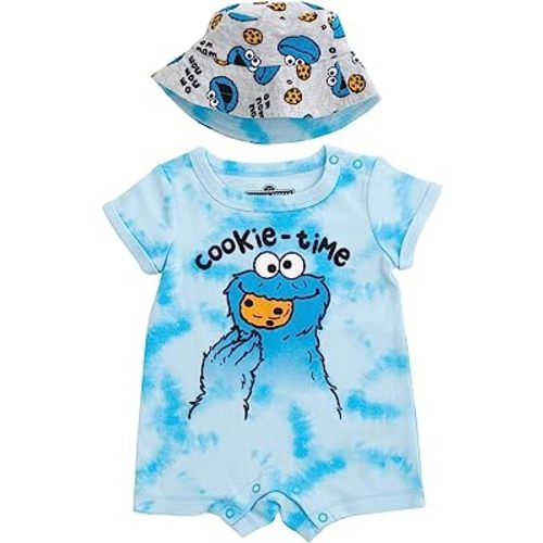 Sesame Street Elmo Cookie Monster Big Bird Romper and Bucket Sun Hat Newborn to Toddler