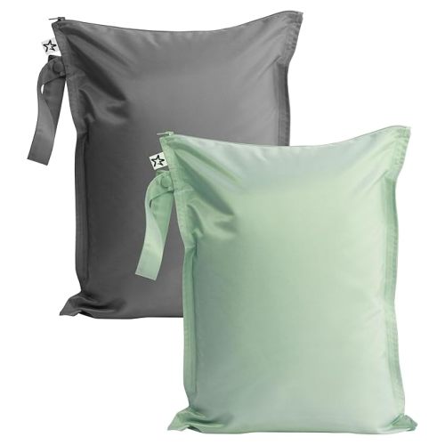 Tiny Twinkle Mess Proof Wet Bags | 2-Pack Reusable Waterproof Wet Bags for Swimsuits | Baby Clothes | Travel & Diaper Bag (Sage, Charcoal)