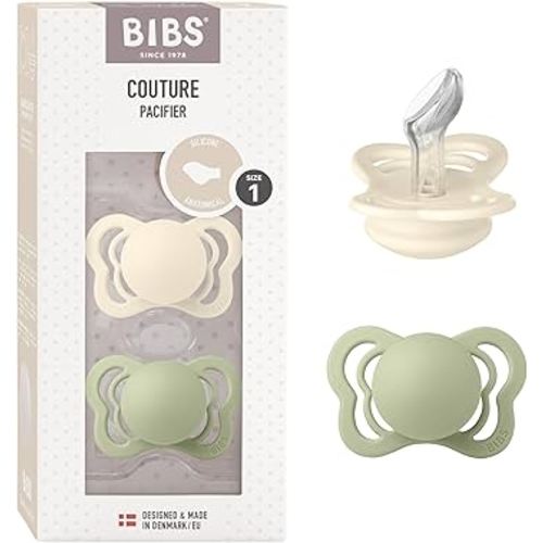 BIBS Pacifiers - Couture Collection | BPA-Free Anatomical Nipple | Silicone | Made in Denmark | Set of 2 Ivory/Sage Color Premium Soothers | Size 0-6 Months
