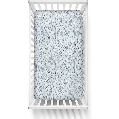 Surfboard Fitted Crib Sheet,Doodle Surfing Boards Waves and Starfishes Hawaiian Summer Microfiber Silky Soft Toddler Mattress Sheet Fitted,28"x 52"x 8'',Baby Sheet for Boys Girls