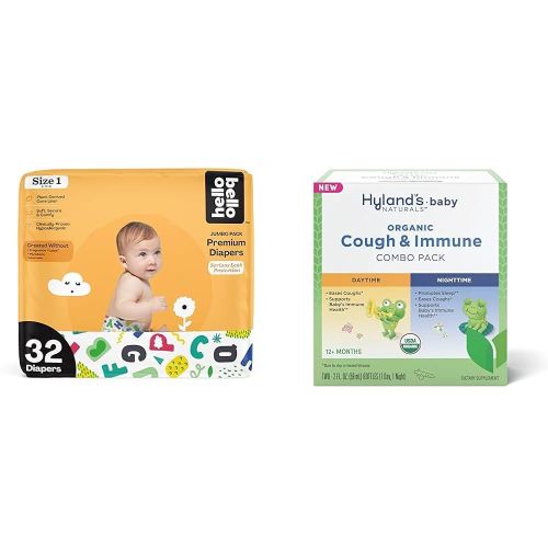 Hello Bello Premium Baby Diapers Size 1, 32 Count of Disposable Comfort Fit Diapers - Design: Alphabet Soup + Hyland's Baby - Organic Cough & Immune Day & Night Combo Pack (4 fl oz)
