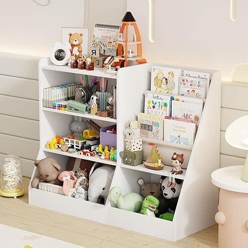 39" Large Kids Wooden Bookshelf and Toy Storage Organizer, Baby Bookcase with Sling Book Rack, Children Toddler Wooden Book Shelf for Kids Rooms, Playroom, Classroom, Nursery, School (White)