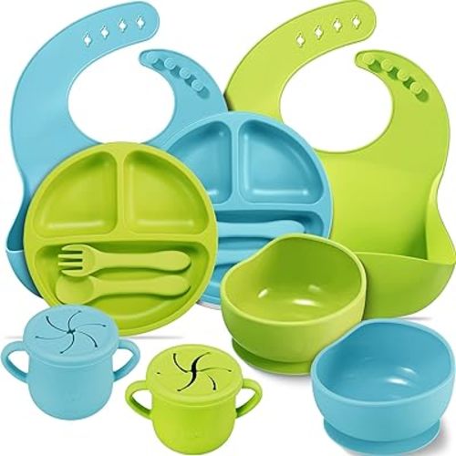 Gejoy 12 Pack Silicone Baby Led Weaning Supplies Baby Feeding Set with Suction Bowl Divided Plate Bib Soft Spoon Fork Utensil