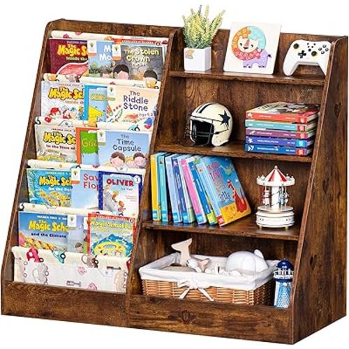 Lerliuo 4 Tier Kids Bookshelf and Storage Organizer, Five Layer Sling Children Bookcase, Baby Toddler Wooden Book Shelf, Display Cabinet for Playroom, Bedroom, Classroom, Nursery, School (Brown)