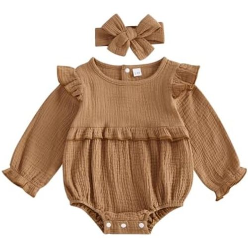 Newborn Infant Baby Girl Clothes Cotton Linen Long Sleeve Smocked Bubble Romper Ruffle Bodysuit Jumpsuit Fall Outfit
