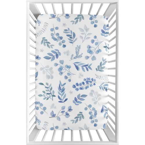 Floral Leaf Baby Boy Girl Fitted Mini Portable Crib Sheet - Blue Grey White Boho Watercolor Botanical Flower Woodland Tropical