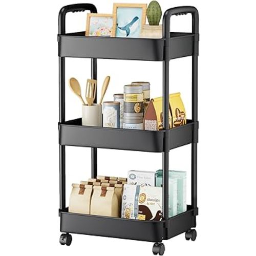 EZ COZY 3 Tier Rolling Cart, Plastic Diaper Cart Organizer with Wheels, Roller Cart for Diapers, Baby Nursery, Kitchen, Bathroom, Living Room and Bedside, Black
