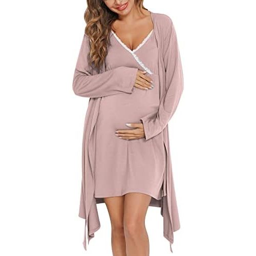 SWOMOG Womens Maternity Robe 2 Piece Nursing Nightgown for Breastfeeding 3 in 1 Labor Delivery Nursing Dress Lace Bathrobe