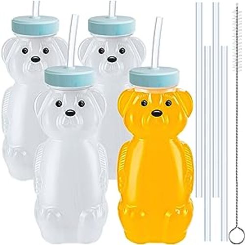 4 PCS Honey Bear Straw Cup, Baby Straw Cups with 8 Flexible Straws and 1 Straw Brushes, 8oz Special Supplies Juice Bear Bottle for Infant Feeding, Drinking Needs of Those with Poor Oral Health (Blue)