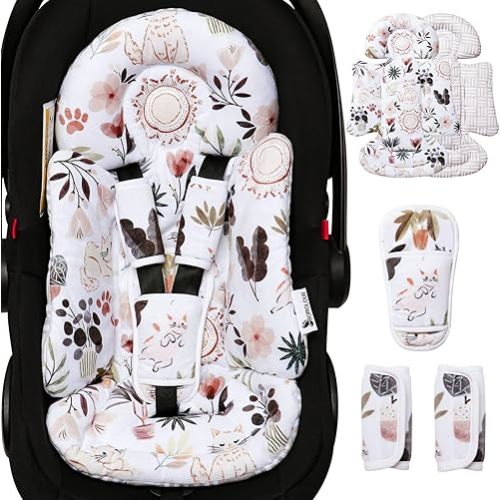 Infant Car Seat Insert, Enlarged Head Support for Baby Carseat, Reversible Newborn Insert with 3 Strap Covers, 2-in-1 Baby Car Seat Cushion for Stroller, Swing, Bouncer, Rocker - Yellow Cat