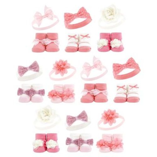 Hudson Baby Infant Girl 20Pc Headband and Socks Giftset, Pink Gray, One Size