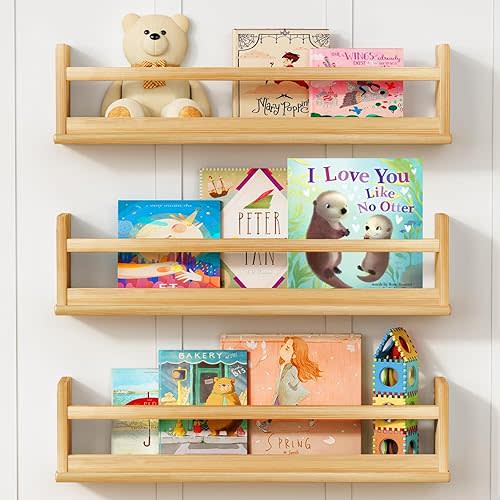 Upgraded Natural Wood Wall Bookshelf for Kids Bedroom Set of 3, 24 Inch Wooden Floating Nursery Book Shelves for Baby Boys Girls Room, Mounted Bookshelves for Toy Organizers and Storage