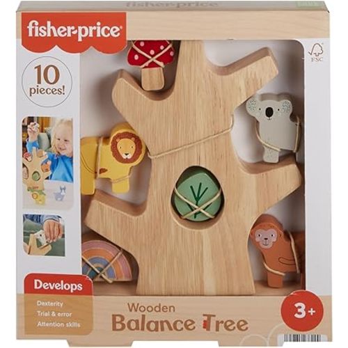 Fisher-Price Stacking Toy Wooden Balance Tree, 10 Wood Pieces for Developmental Play for Preschool Kids Ages 3+ Years