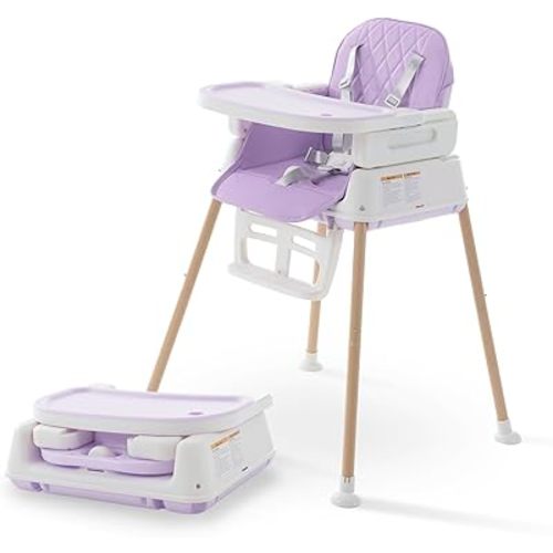 3 in 1 Portable Baby High Chair for Babies and Toddlers, Adjustable Convertible Infant Baby Feeding Chair Booster for Eating with Detachable Double Tray, 5 Point Harness, Purple