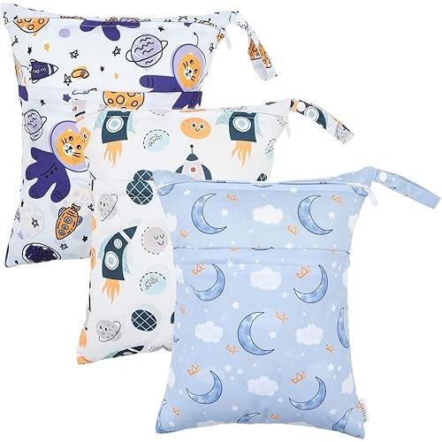 ALVABABY 3 Cloth Diaper Wet Dry Bags Waterproof Reusable with Two Zippered Pockets Travel Beach Pool Daycare Soiled Baby Items Yoga Gym Bag for Swimsuits or Wet Clothes Small Medium Large 3L-ZM28