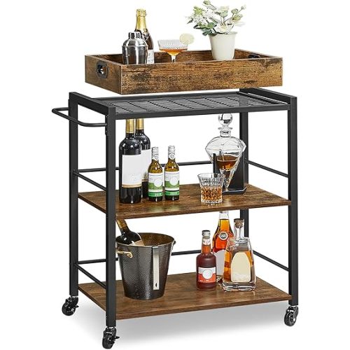VASAGLE Kitchen Serving Cart with Removable Tray, 3-Tier Kitchen Utility Cart on Wheels with Storage, with Brakes, Leveling Feet, 15.7 x 28.3 x 33.9 Inches, Rustic Brown and Black ULRC72X