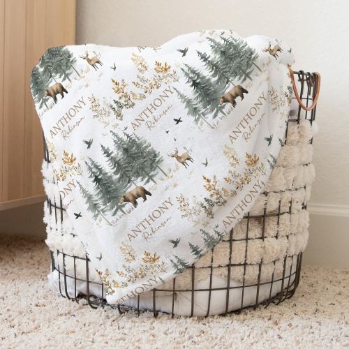Custom Forest Baby Name Blanket Personalized Bear Deer Swaddle Hospital Blanket New Mom Gift Newborn Gift Baby Shower Gift Toddler Blanket