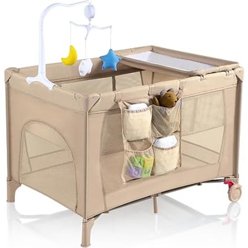 Pack and Play with Changing Table & Carry Bag, 4-in-1 Portable Crib Playpen for Newborn to Toddler, ASTM Certified Foldable Travel Crib with Bassinet(C-Khaki)