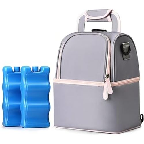 NCVI Breastmilk Cooler Bag with 2 Ice Pack, Breast Pump Bag with Cooler Fits 6 Bottles, Double Layer Breast Milk Baby Bottle Cooler Bag, for Travel, Nursing Mom Daycare, Work, Picnic (Grey)