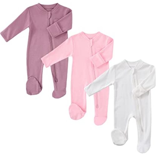 Baby 2 Way Zipper Girls Boys 100% Cotton Footed Sleep and Play with Mitten Cuffs 0-12 Months
