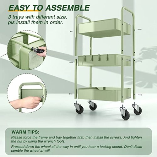 LEHOM 3 Tier Rolling Storage Cart, Metal Trolley Utility Cart with Wheels & Hooks, Easy Assembly Organizer Storage Cart for Bathroom Kitchen Office Bedroom (Green)