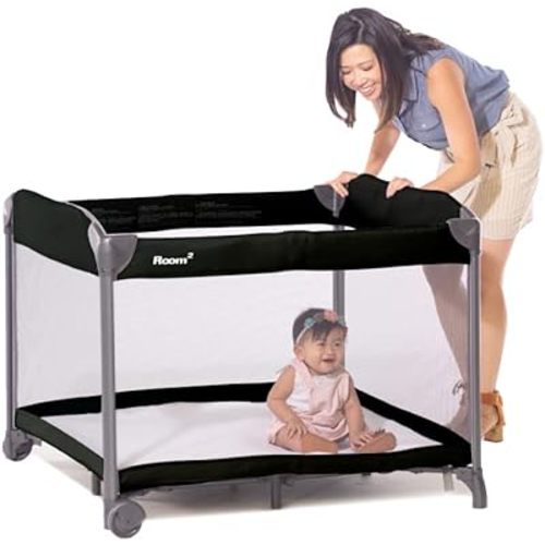 Joovy Room² Large Portable Playpen for Babies and Toddlers with Nearly 10 sq ft of Space, Large Mesh Windows for 360 View, and Waterproof Mattress Sheet - Folds Easily when Not in Use (Black)