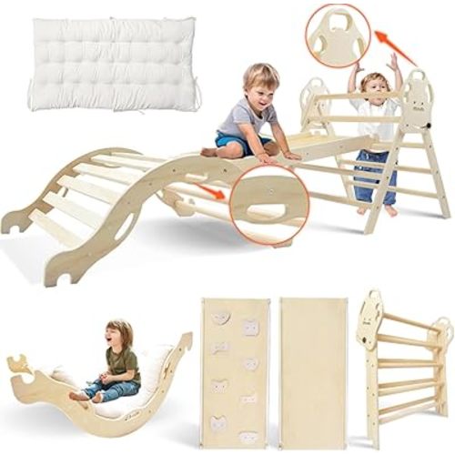 Pikler Triangle Set 7in1 Montessori Foldable Wooden Baby Climbing Toys for Toddlers 18months-6years Inside Jungle Play Gym for Kids,Indoor Playground with Ramp,Arch and Ladder