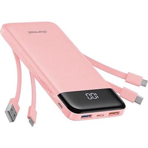 Portable Charger with Built in Cables, Portable Charger with Cords Wires Slim 10000mAh Travel Battery Pack 6 Outputs 3 Inputs 3A Fast Charging Power Bank for Samsung Google Pixel LG Moto iPhone iPad