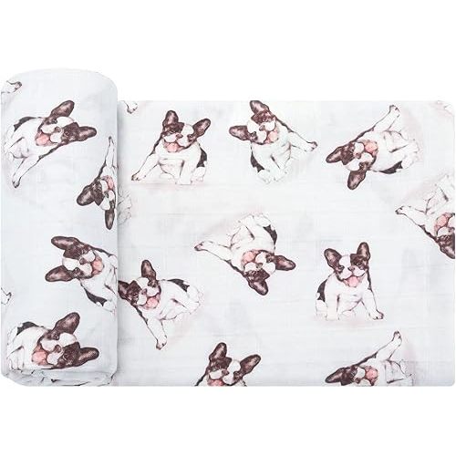 LifeTree Baby Swaddle Blankets Dog, Muslin Swaddle Blankets Boys Girls Swaddling Wrap Receiving Blanket Neutral for Newborn, 70% Viscose Bamboo and 30% Cotton, Large 47" x 47", French Bulldog