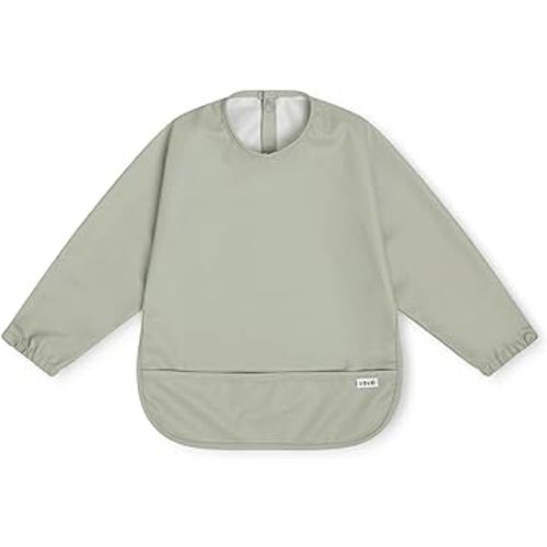 Lalo Smock Bib - Long Sleeve Baby Bib, Elastic Cuffs for Comfort, Large Catch-All Pocket, Waterproof Recycled Polyester - Durable Baby Smock Bib for Mealtime & Playtime - Ages 6-24 Mo. - Sage