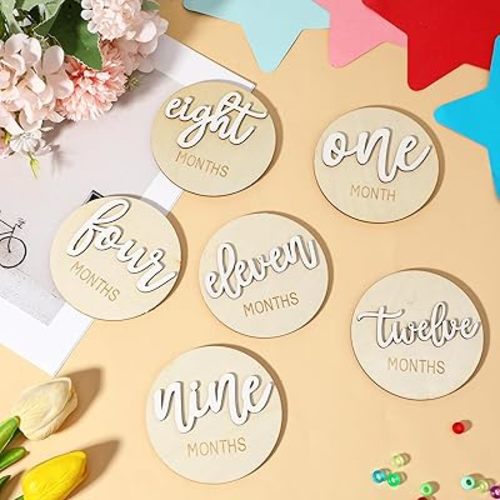 6 Pack Baby Monthly Milestone Marker Discs 3D Wooden Milestone Cards Newborn Age Baby Announcement Sign Double-Sided Announcement Cards for New Parents Baby Showers Photography Props with Storage Bag