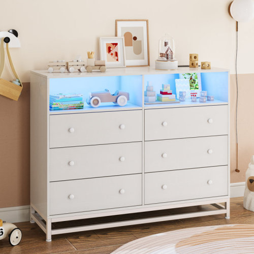 Ebern Designs 6 Drawer Double Dresser Tv Stand, Bedroom Dresser With Power Outlet & Led Light, Wood Dresser For Nursery, Living Room, Hallway, 47.2''W×15.8''D×36.2''H & Reviews | Wayfair