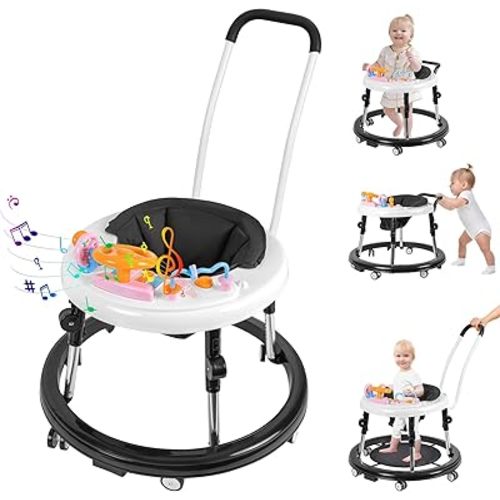Baby Walker, Foldable 9-Gear Height Adjustable Baby Walker with Wheels, Infant Toddler Walker with Music Disk, Anti-Fall Baby Walkers and Activity Center with Foot Pads for Boys and Girls 6-24 Months