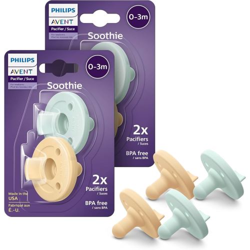 Philips Avent Soothie Orthodontic Baby Pacifiers, 100% Silicone Pacifiers, One Piece, BPA-Free, for Babies 0-3 Months, 2 Green and 2 Yellow, 4 Pack, Model SCF190/71