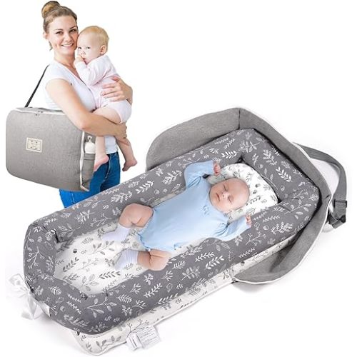 Baby Lounger Diaper Bag for Newborn: Portable Foldable Travel Nest Bed for Infants Toddler 0-12 Months 100% Cotton Breathable - Indoor & Outdoor Use (Grey-Plant)