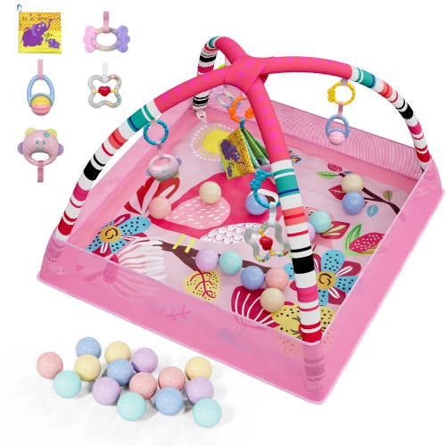 Babyomi Baby Activity Gym with 18 Balls & 5 Toys, Gym Baby Playmat Foldable Tummy Time Mat for Infants 0-12Month, Pink