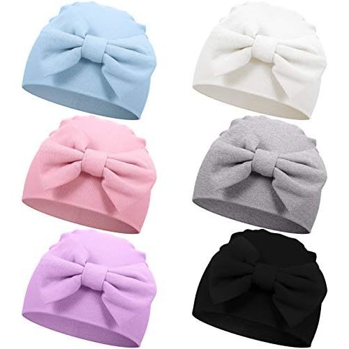 Geyoga 6 Pcs Newborn Hats Baby Beanie Cotton Hats Soft Newborn Baby Cap with Cute Bow for 0-6 Months Girls Unisex Baby