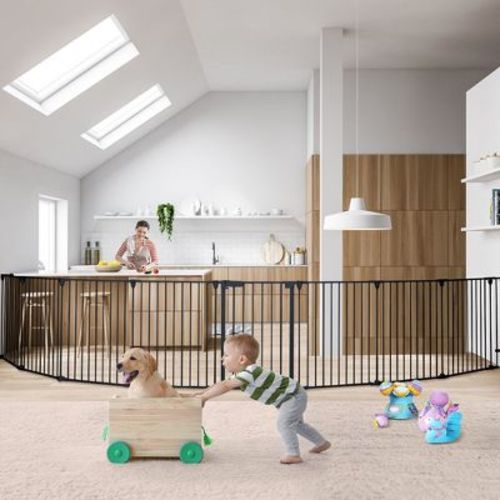 GOTGELIF Baby Safety Gate 198" Extra Wide Playard 8 Panels Hardware Mount Auto Close Black