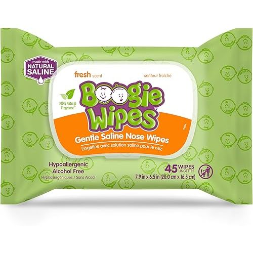 Saline Nose Wipes by Boogie, for Baby & Kids, Face, Hand & Body, FSA/HSA Eligible, Made with Vitamin E, Aloe, and Natural Saline, Fresh Scent, 45 Count (Pack of 1)