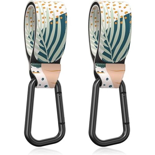 Baby Stroller Hooks for Hanging Bags, Universal Stroller Clips Accessories, Mommy Hook for Diaper Bag, Shopping Cart, Purse, Backpack - 2 Pack, Abstract Leaf